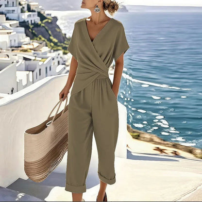 Two-Piece Set with Wrap Top and Cropped Pants