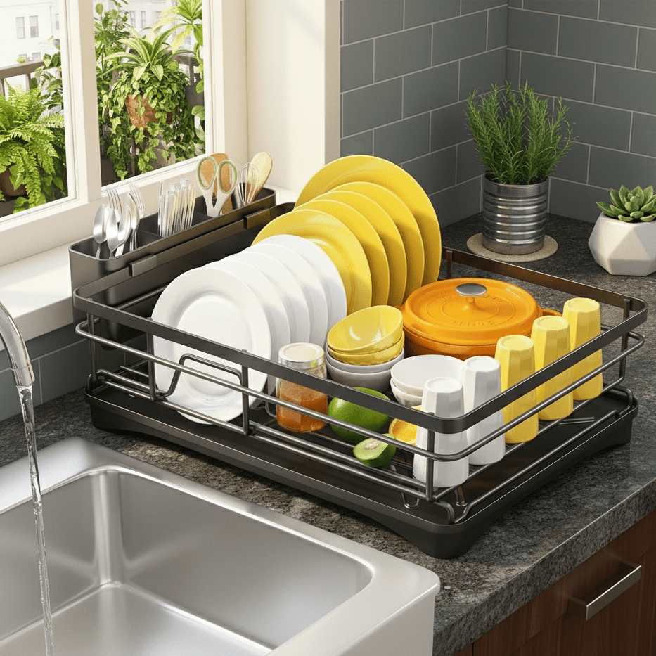Large Steel Dish Rack — Built-In Drip Tray