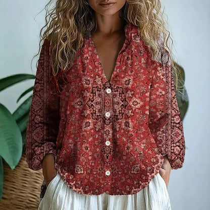 Womens V-Neck Blouse — Long Sleeve Boho Print