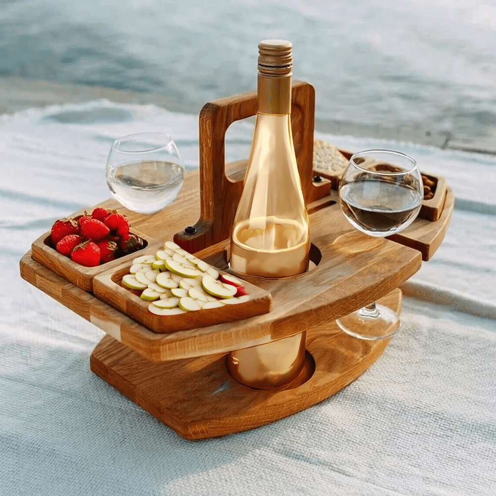 Folding Wooden Picnic Wine Table With Compartments