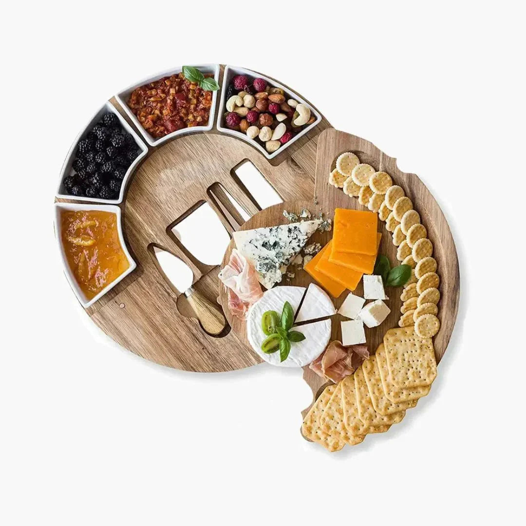 Acacia Wood Cheese Board — Set with Knives and Bowls