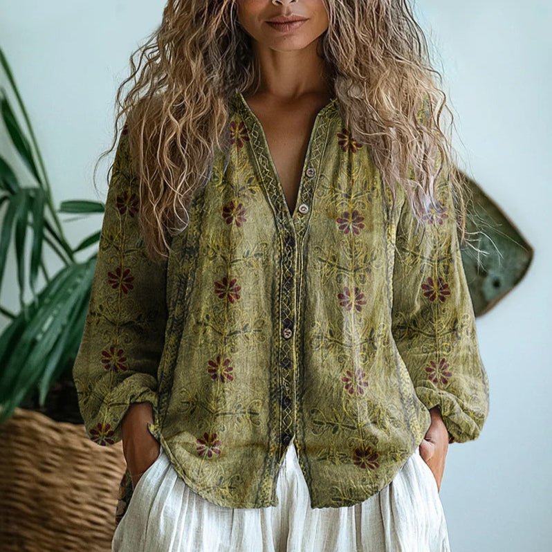 Womens V-Neck Blouse — Long Sleeve Boho Print