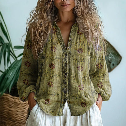 Womens V-Neck Blouse — Long Sleeve Boho Print