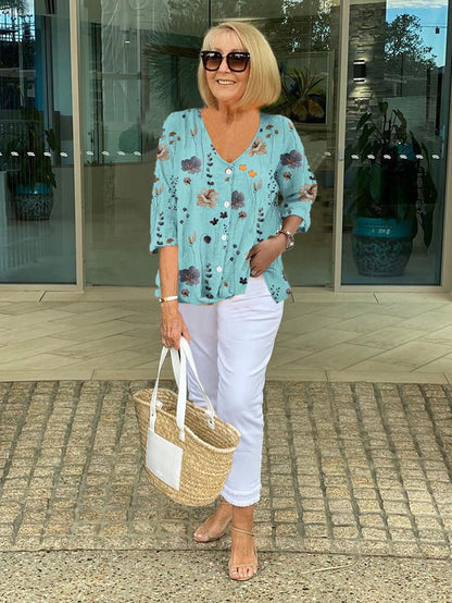 Floral V-Neck Blouse — Breezy Three-Quarter Sleeves
