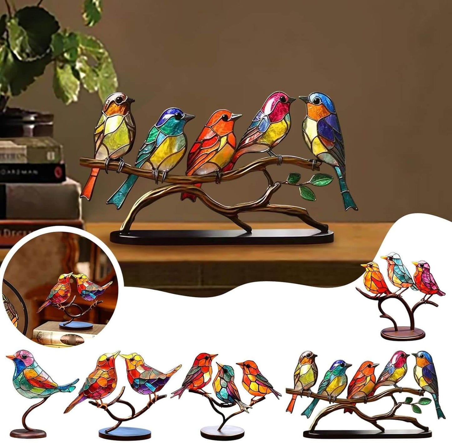 Glass Birds on Branch Desk Ornament — Colorful Decor