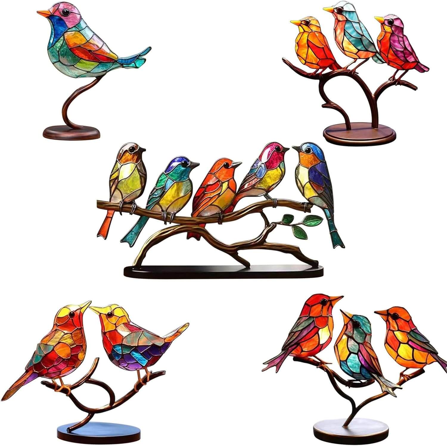 Glass Birds on Branch Desk Ornament — Colorful Decor