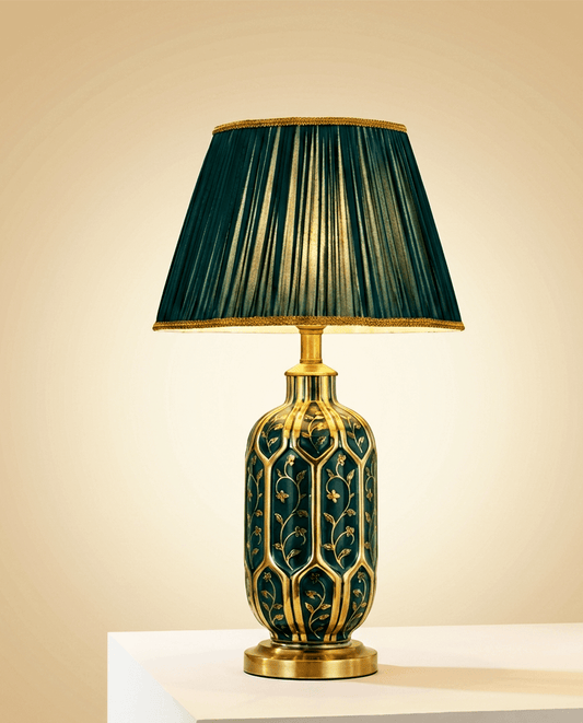 Green Ceramic Table Lamp — Pleated Fabric Shade 1