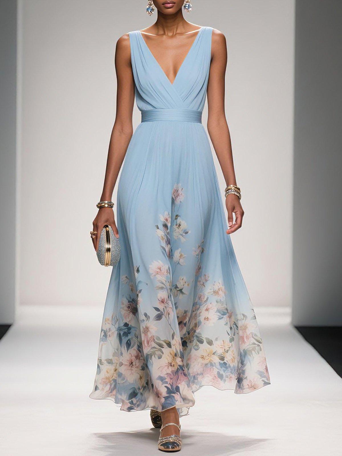 Floral Maxi Dress — Sleeveless Deep V-Neck