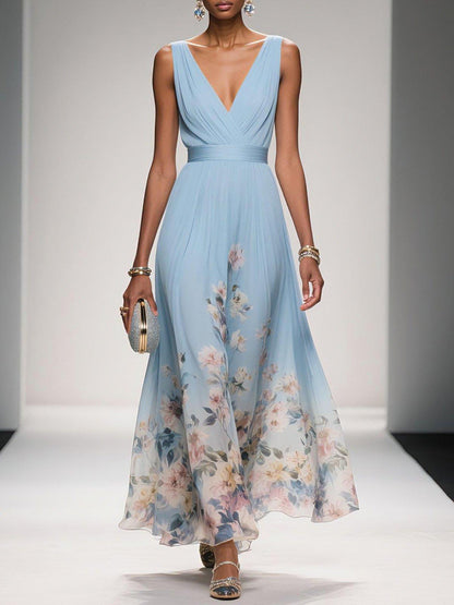 Floral Maxi Dress — Sleeveless Deep V-Neck