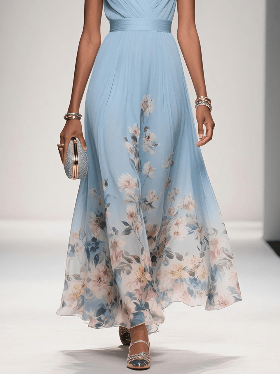 Floral Maxi Dress — Sleeveless Deep V-Neck