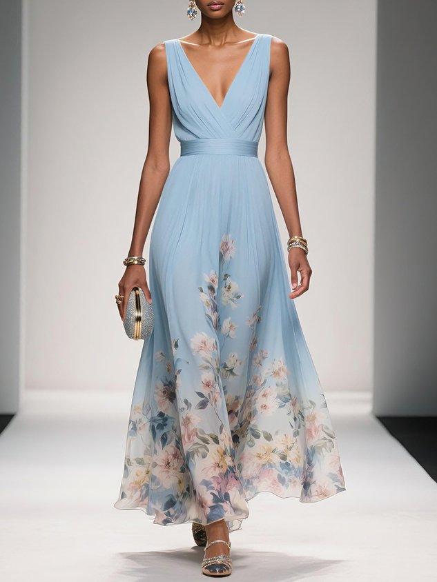 Floral Maxi Dress — Sleeveless Deep V-Neck