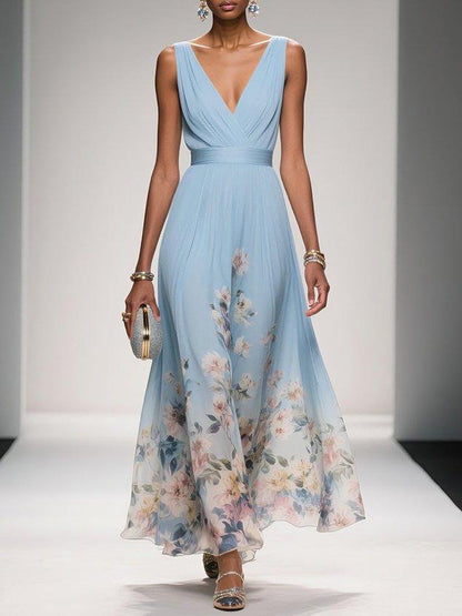 Floral Maxi Dress — Sleeveless Deep V-Neck