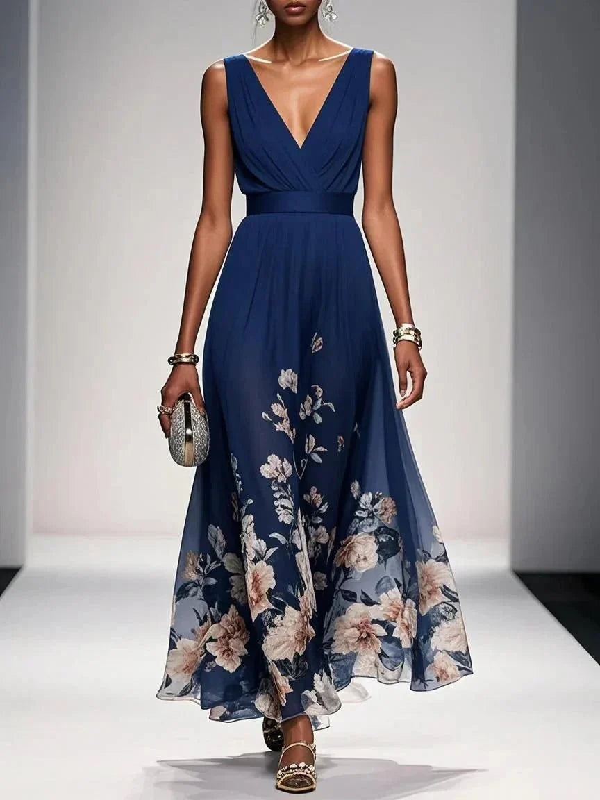 Floral Maxi Dress — Sleeveless Deep V-Neck