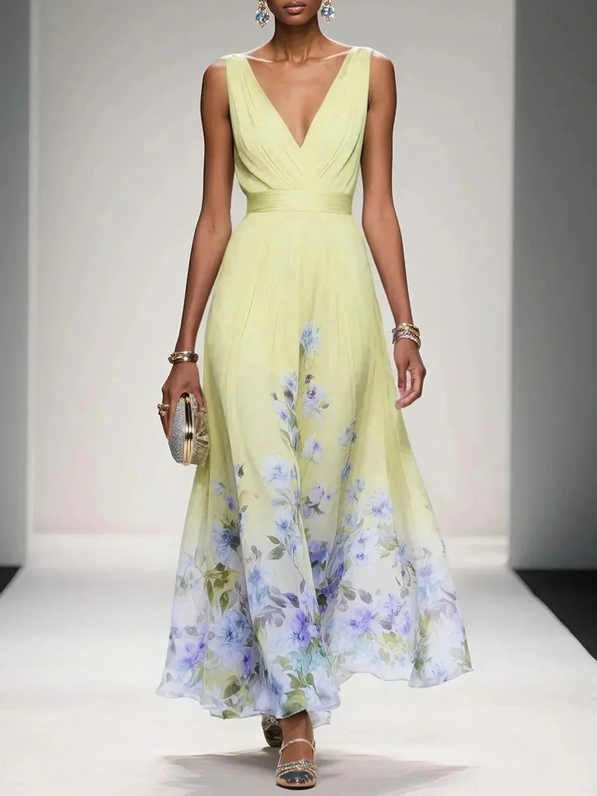 Floral Maxi Dress — Sleeveless Deep V-Neck