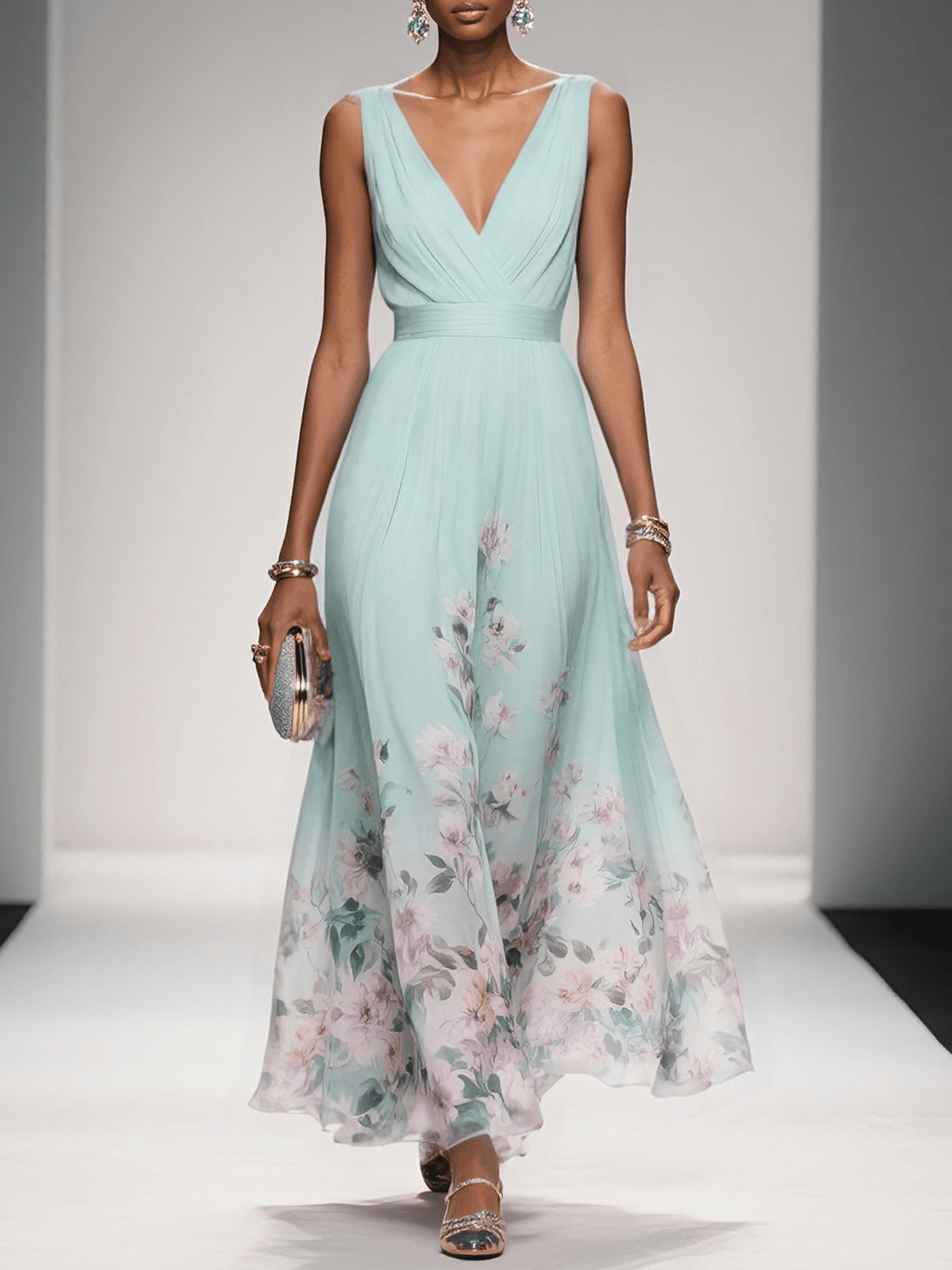 Floral Maxi Dress — Sleeveless Deep V-Neck