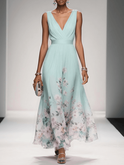 Floral Maxi Dress — Sleeveless Deep V-Neck
