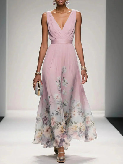 Floral Maxi Dress — Sleeveless Deep V-Neck