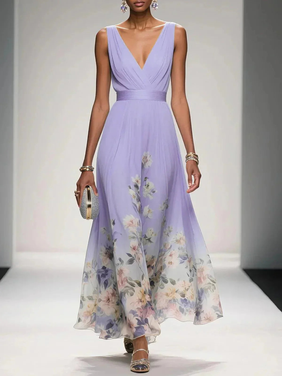 Floral Maxi Dress — Sleeveless Deep V-Neck