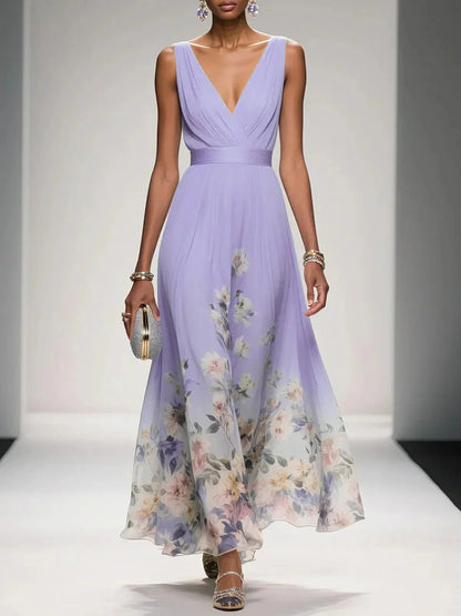 Floral Maxi Dress — Sleeveless Deep V-Neck