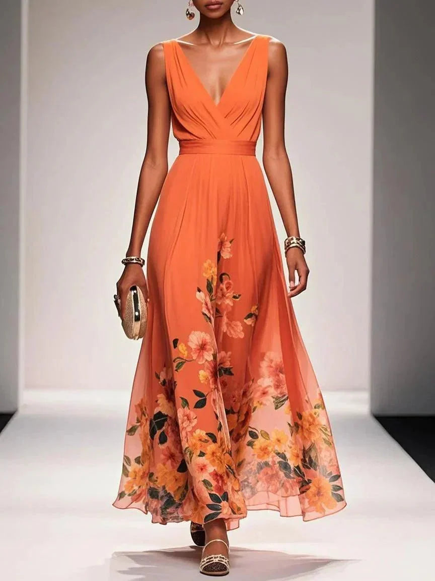 Floral Maxi Dress — Sleeveless Deep V-Neck