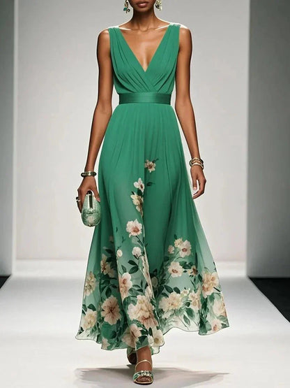 Floral Maxi Dress — Sleeveless Deep V-Neck