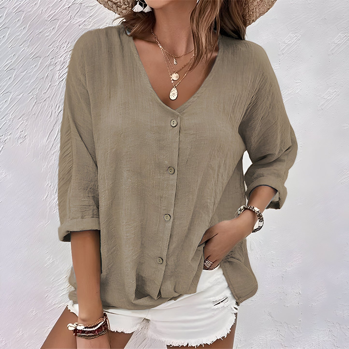 Relaxed-Fit V-Neck Shirt with Button Front
