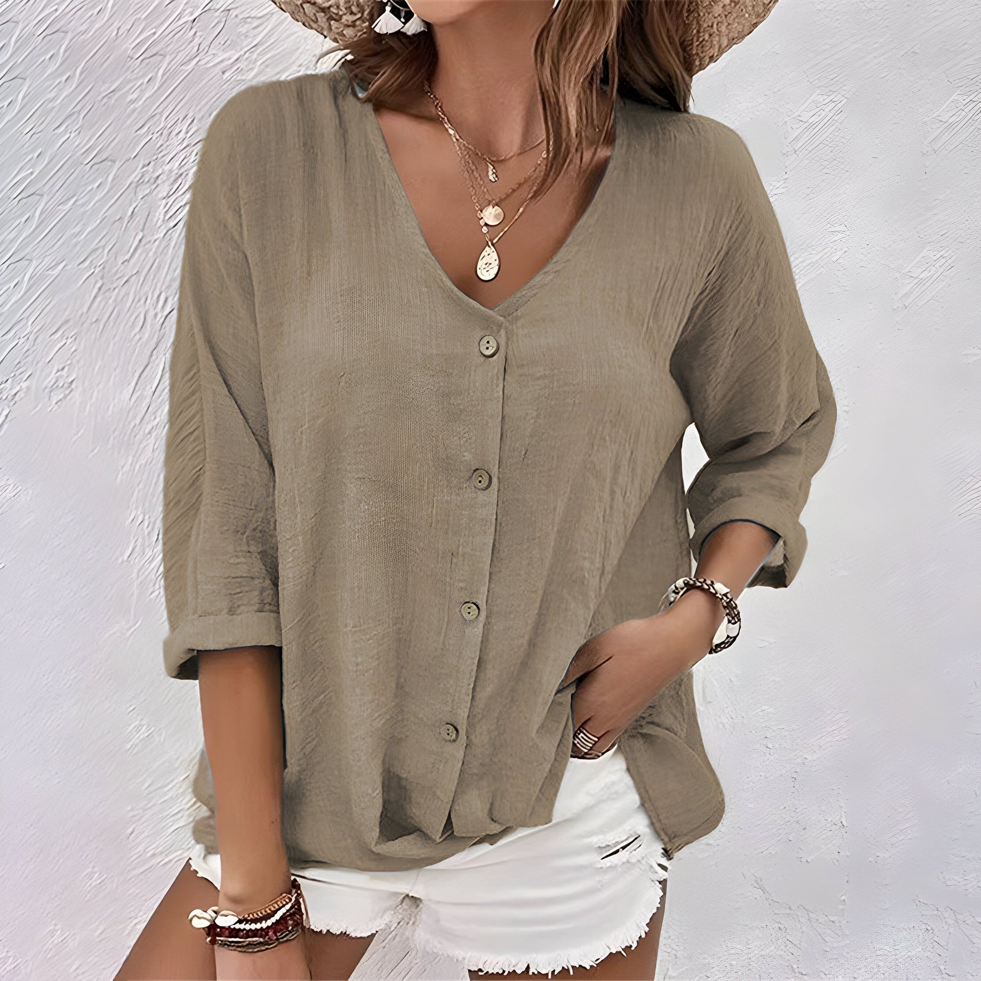 V-Neck Button Blouse with Roll-Up Sleeves