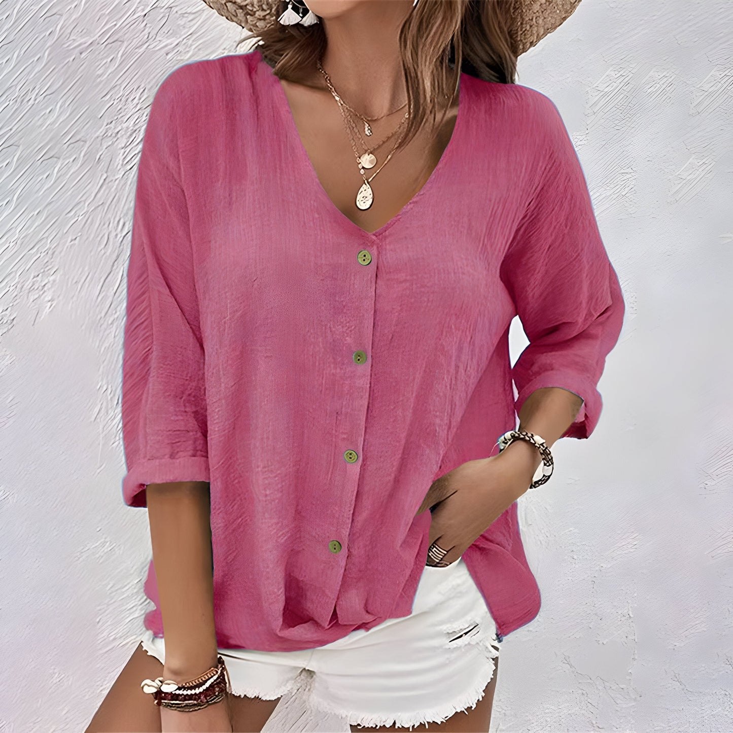 V-Neck Button Blouse with Roll-Up Sleeves