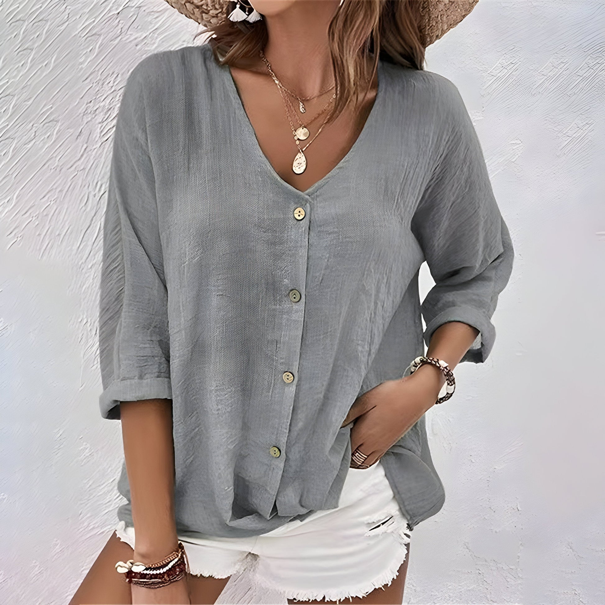 V-Neck Button Blouse with Roll-Up Sleeves