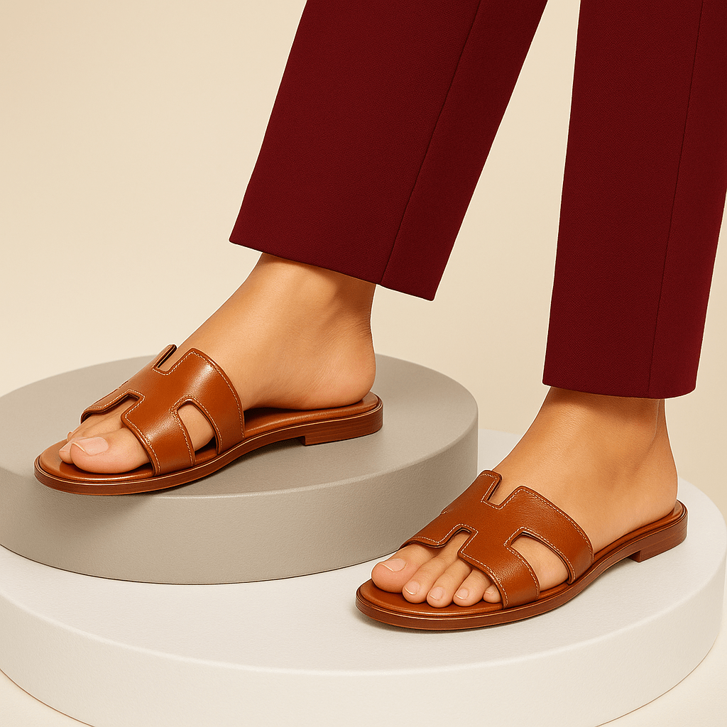 Leather Flat Sandals — Cut-Out Strap Design