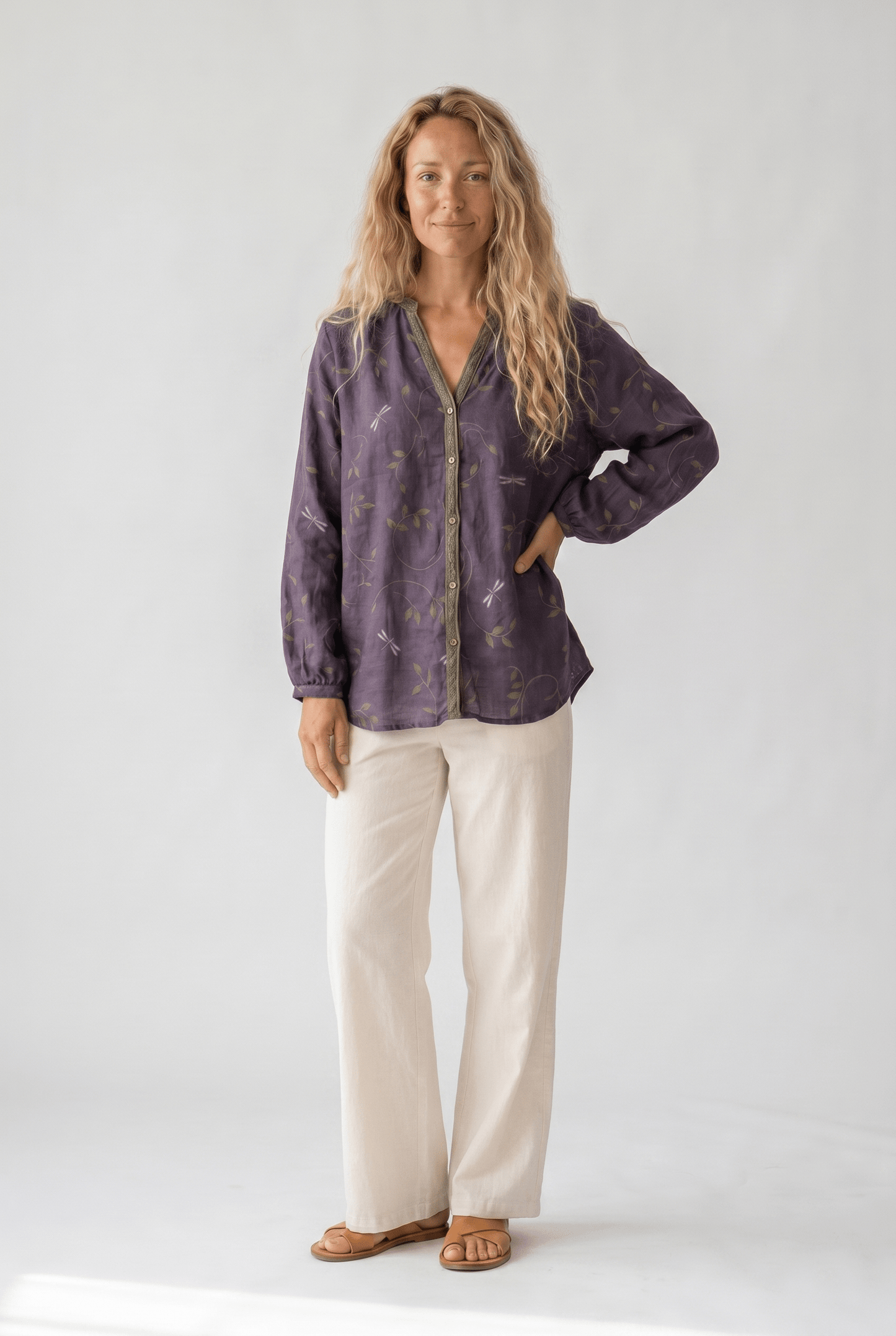 Womens V-Neck Blouse — Long Sleeve Boho Print
