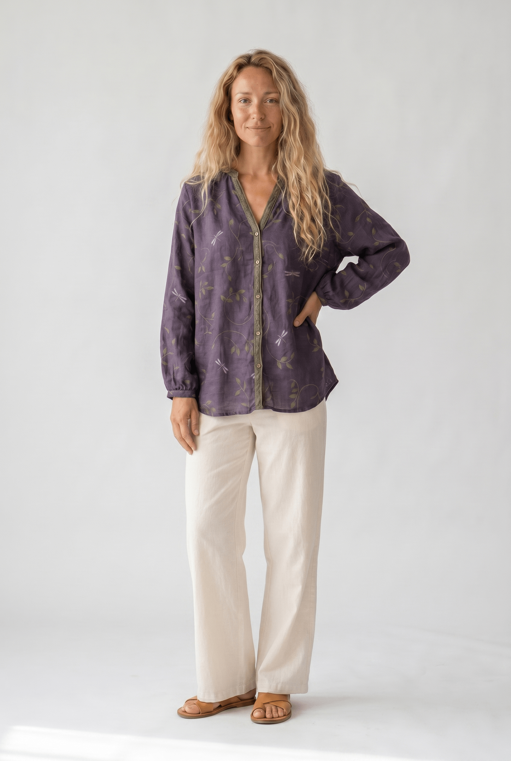 Womens V-Neck Blouse — Long Sleeve Boho Print