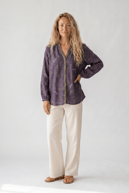 Womens V-Neck Blouse — Long Sleeve Boho Print
