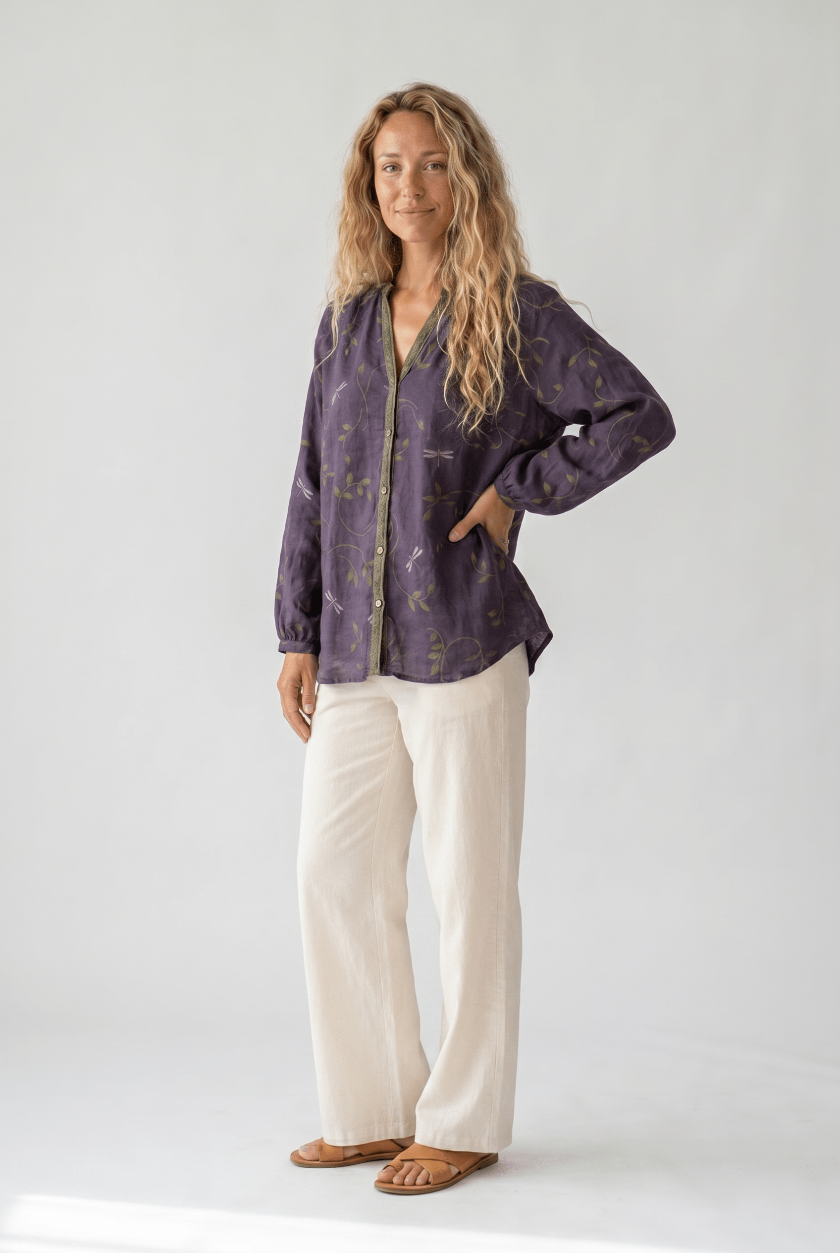 Womens V-Neck Blouse — Long Sleeve Boho Print