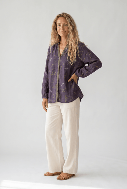 Womens V-Neck Blouse — Long Sleeve Boho Print