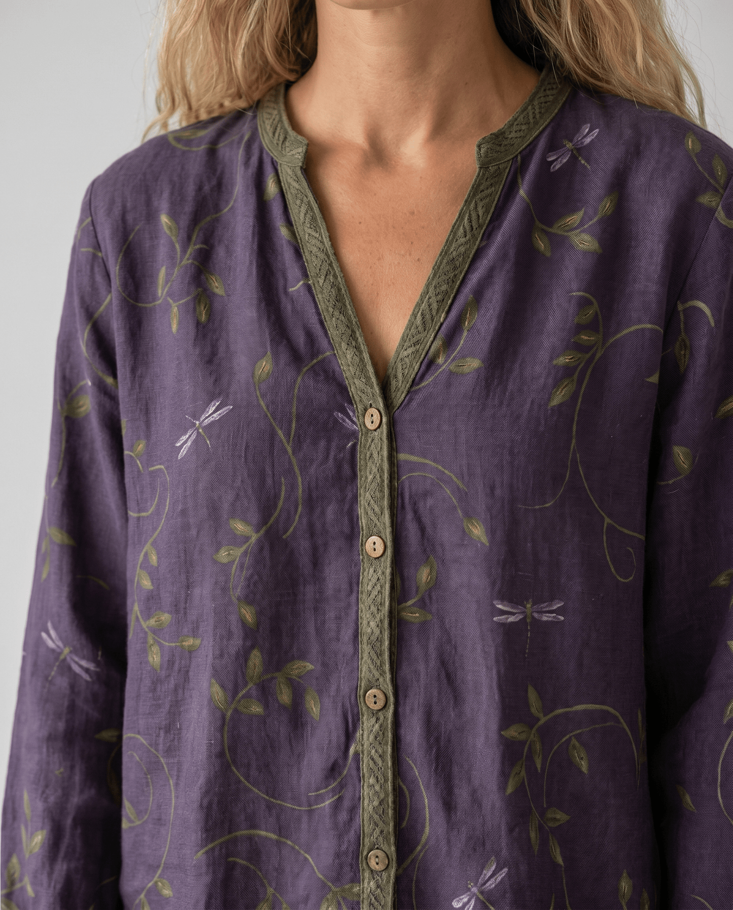 Womens V-Neck Blouse — Long Sleeve Boho Print
