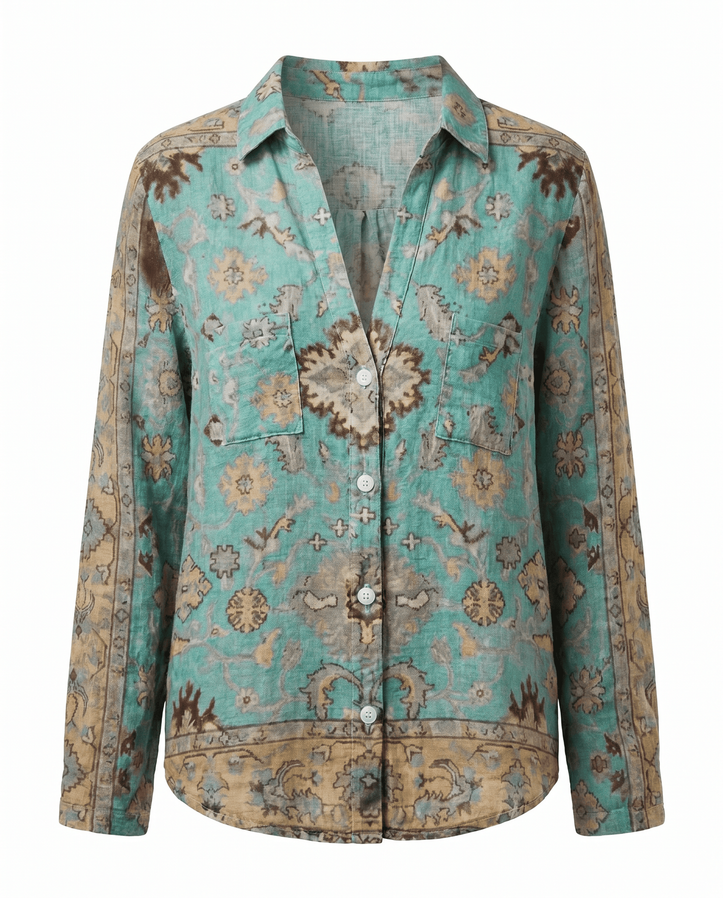 Womens V-Neck Blouse — Long Sleeve Boho Print