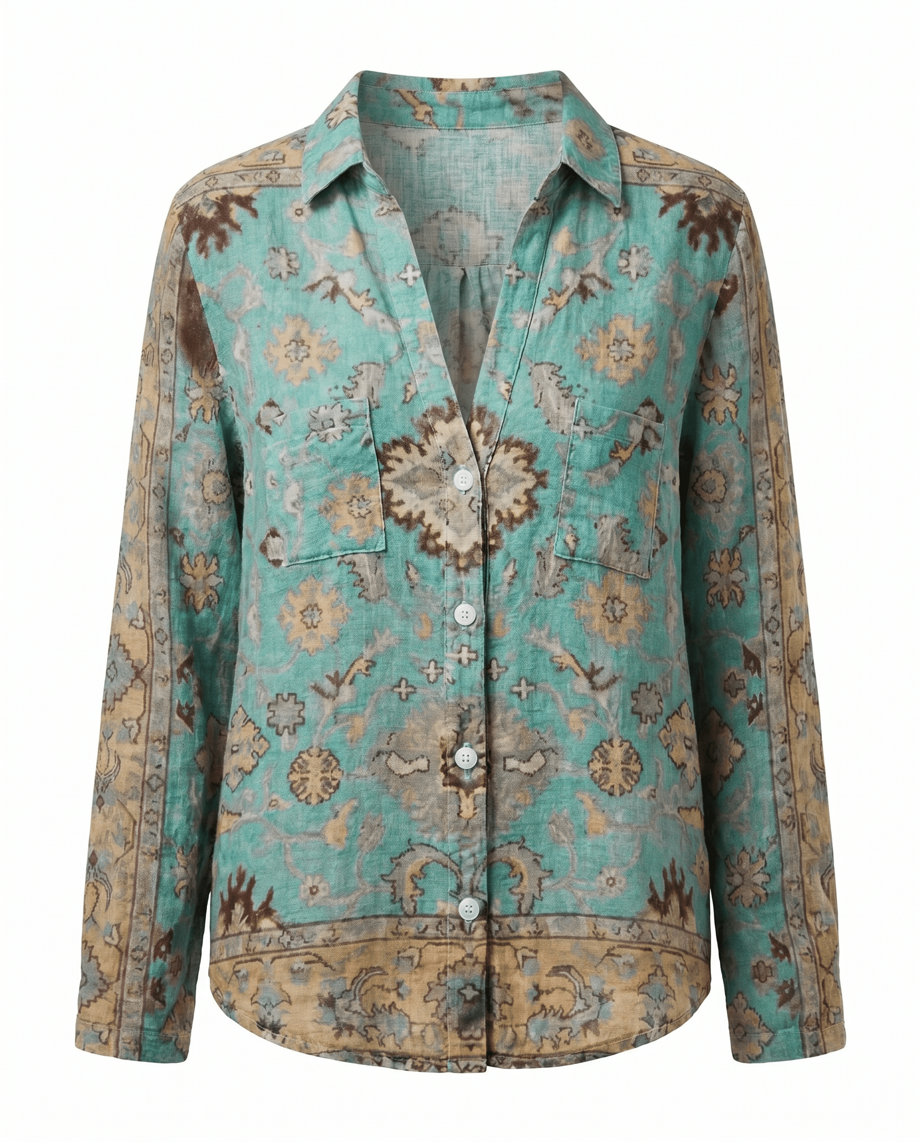 Womens V-Neck Blouse — Long Sleeve Boho Print