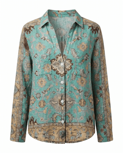 Womens V-Neck Blouse — Long Sleeve Boho Print