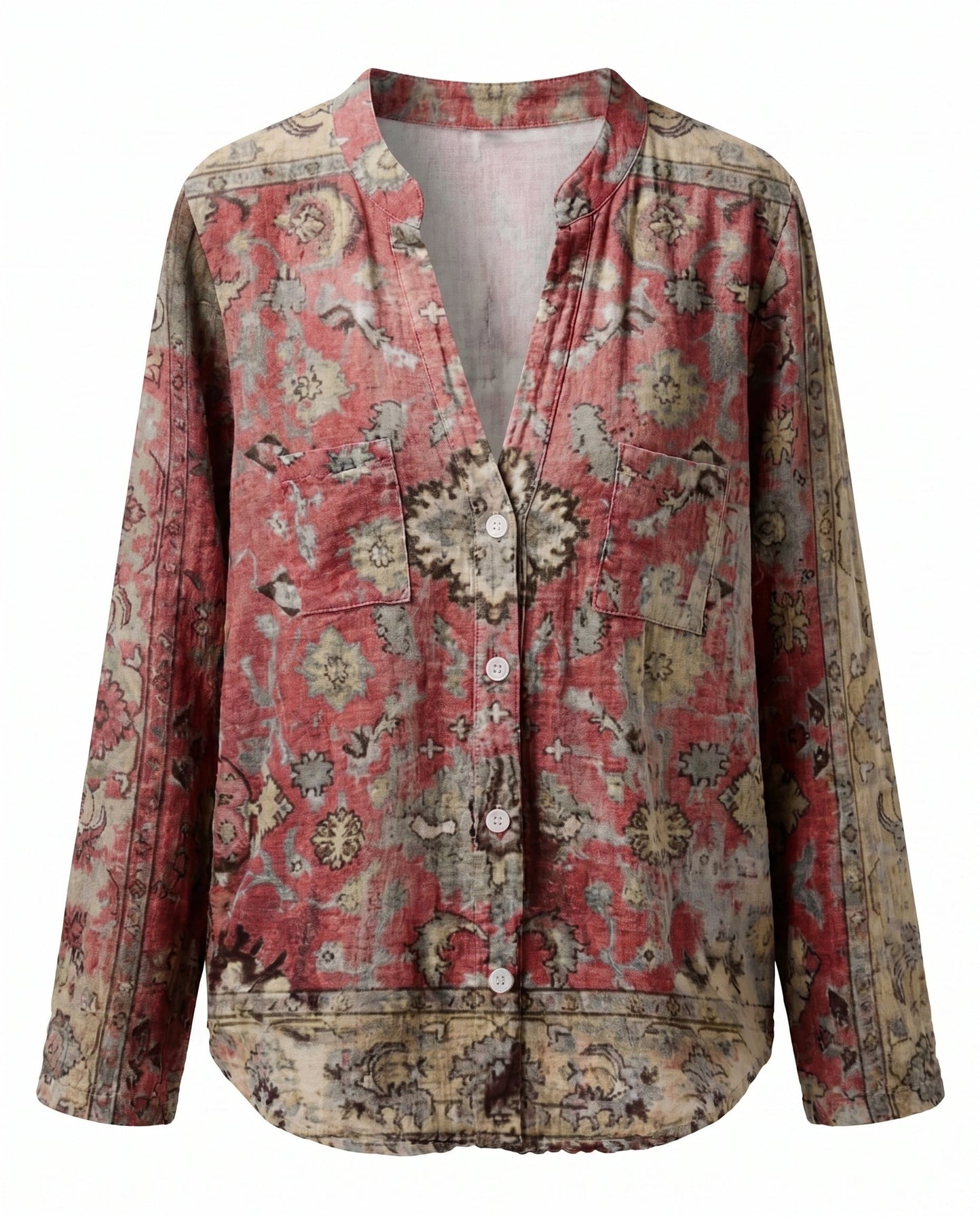Womens V-Neck Blouse — Long Sleeve Boho Print