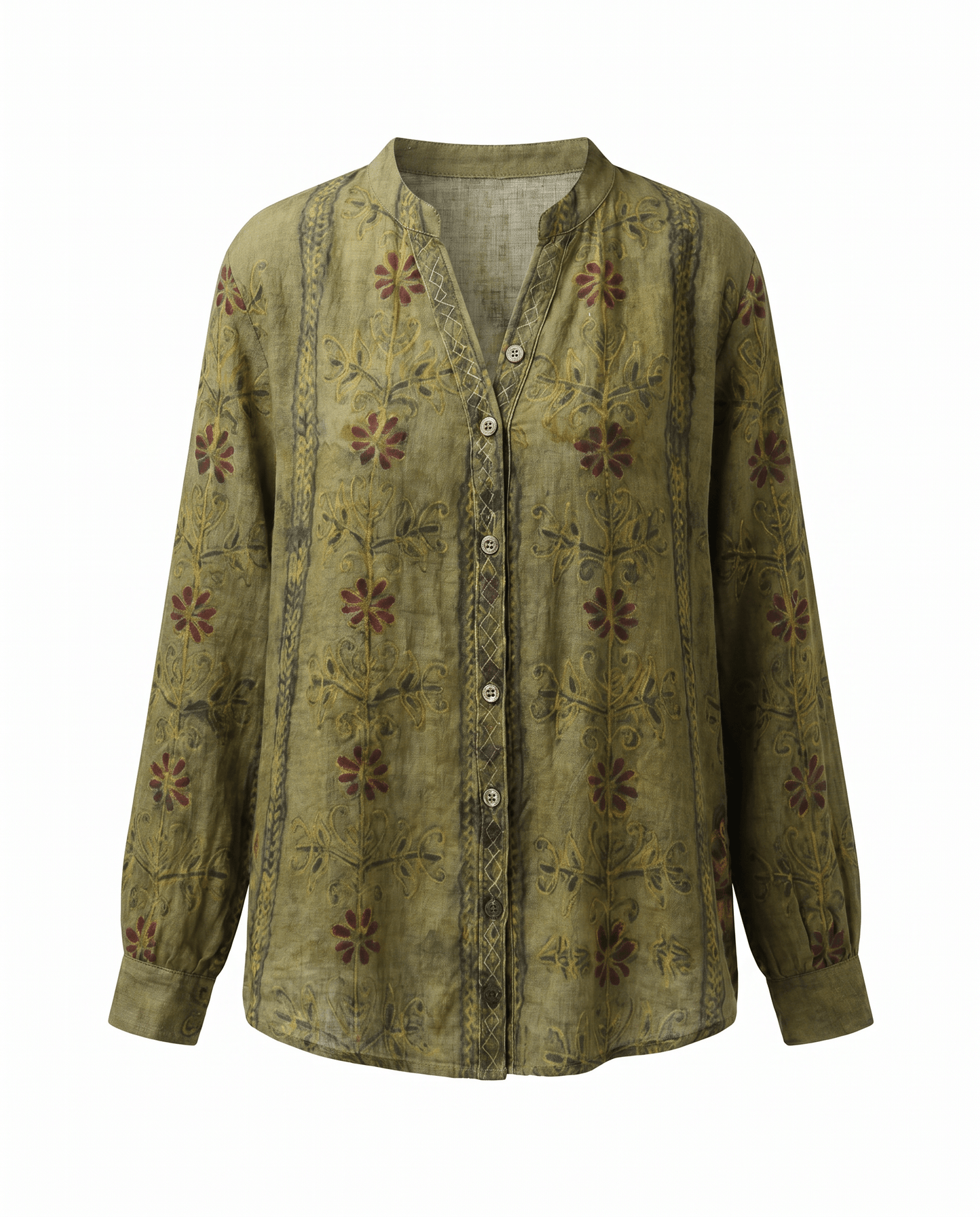 Womens V-Neck Blouse — Long Sleeve Boho Print