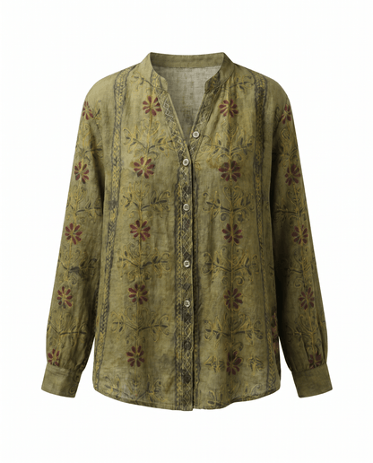 Womens V-Neck Blouse — Long Sleeve Boho Print
