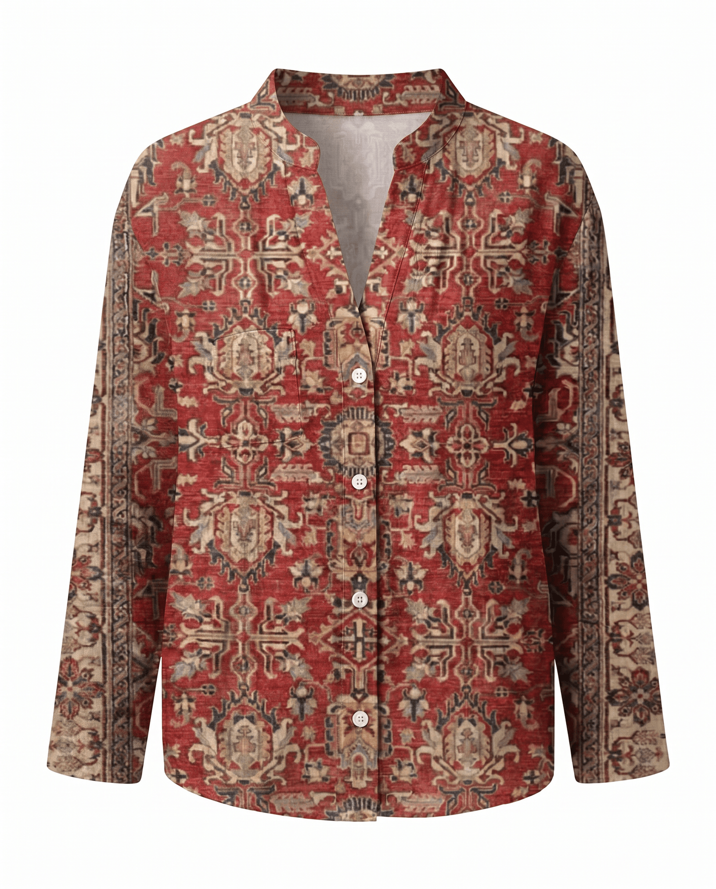Womens V-Neck Blouse — Long Sleeve Boho Print