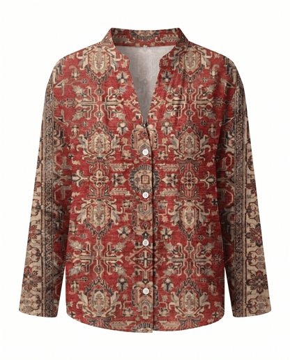 Womens V-Neck Blouse — Long Sleeve Boho Print