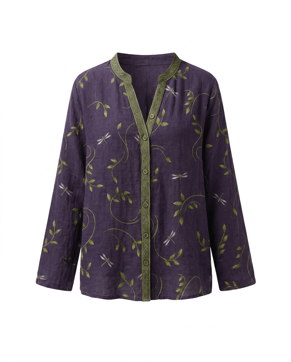 Womens V-Neck Blouse — Long Sleeve Boho Print