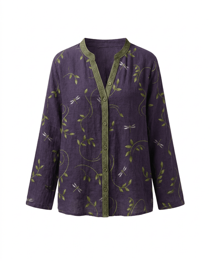 Womens V-Neck Blouse — Long Sleeve Boho Print