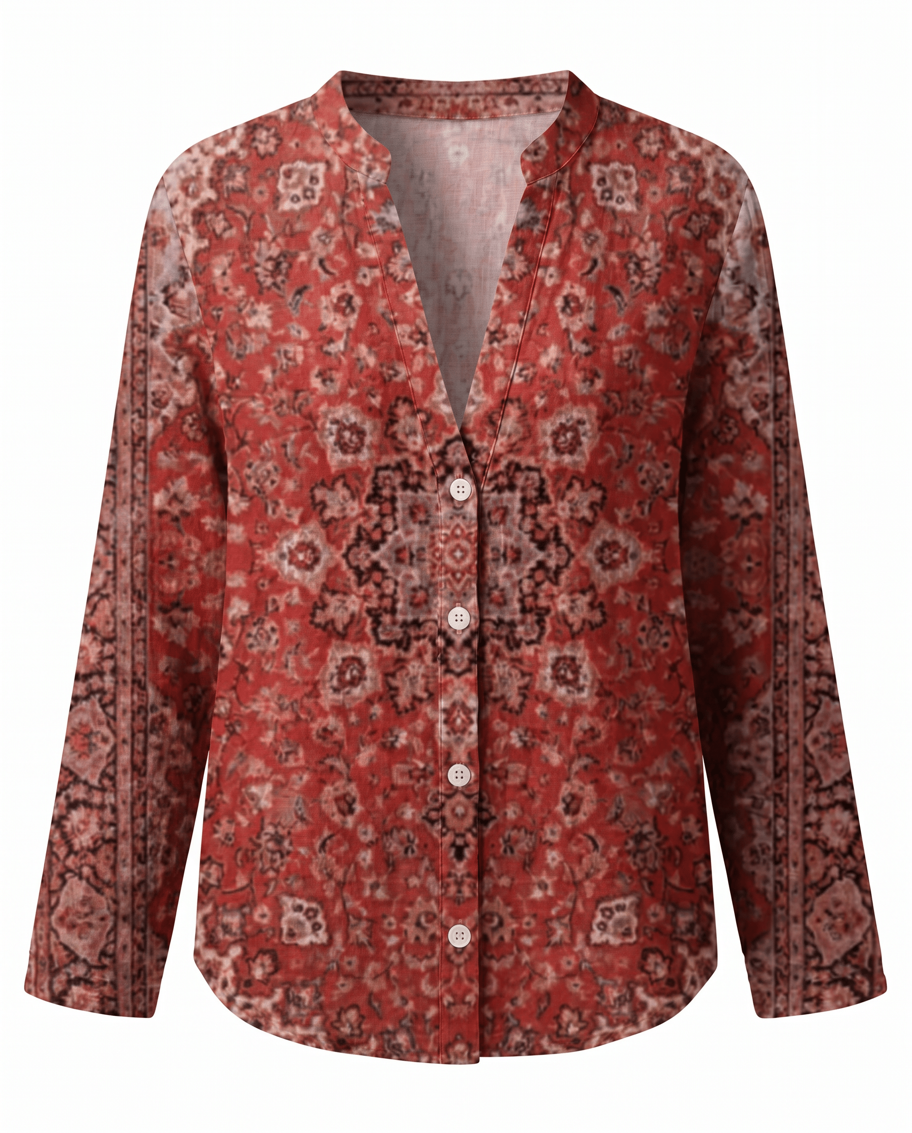 Womens V-Neck Blouse — Long Sleeve Boho Print