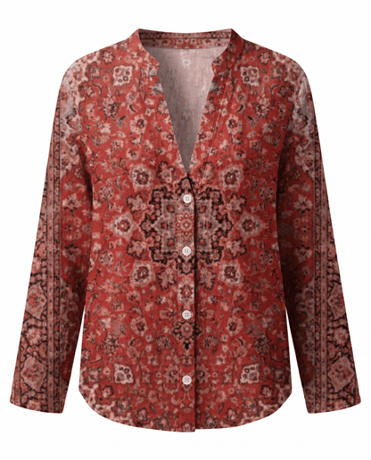 Womens V-Neck Blouse — Long Sleeve Boho Print