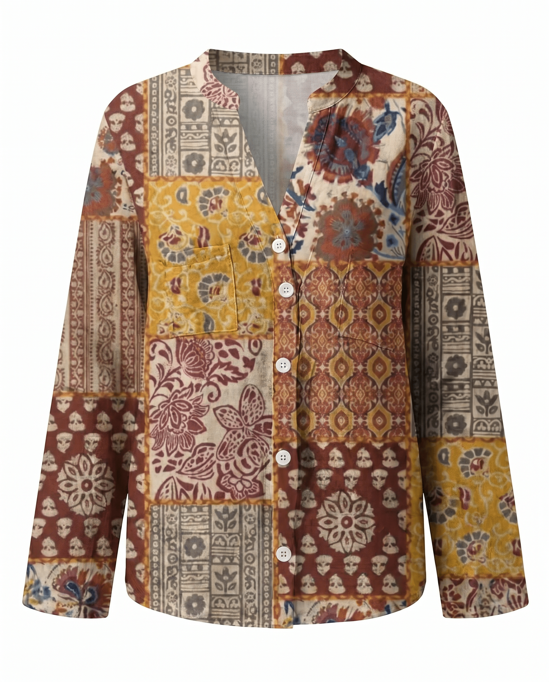 Womens V-Neck Blouse — Long Sleeve Boho Print