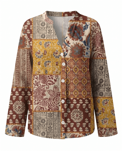 Womens V-Neck Blouse — Long Sleeve Boho Print